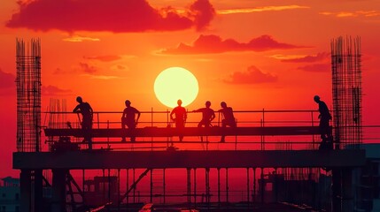 Poster - Engineer and construction team silhouetted against a pastel sunset, emphasizing teamwork and industry progress in a vibrant, inspiring setting.