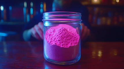 Poster - Jar of pink powder on a wooden table with natural lighting and soft shadows