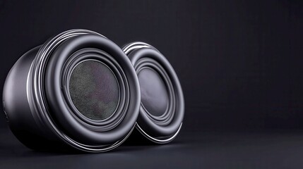 Poster - Sound speakers on a sleek black backdrop, showcasing their design and form, inviting attention with ample space between them for emphasis and clarity.