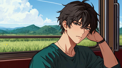 man gazing out of the window on a moving train with a dreamy expression in an anime style illustrati