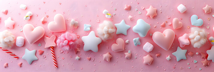 Wall Mural - Floating stars and hearts on a pink background 