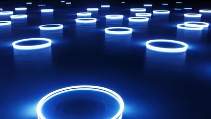Poster - Illuminated circles floating on serene water create a mesmerizing night spectacle in a tranquil setting. Generative AI