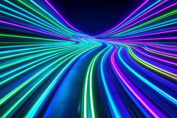 Fototapete - dynamic abstract artwork showcasing glowing lines in neon blue, green, and purple, representing a forward-moving data and machine-learning path in an engaging style