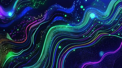Fototapete - dynamic abstract artwork showcasing glowing lines in neon blue, green, and purple, representing a forward-moving data and machine-learning path in an engaging style