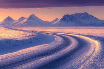 Wall Mural - A long, empty winter highway winding through snow-covered plains toward distant mountains. The sun is setting, 