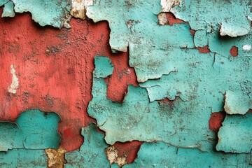 Poster - Grunge wall texture abstract art with vibrant teal and rusty red colors showing peeling paint and surface textures