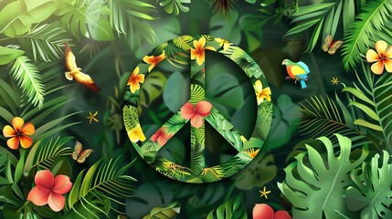 Wall Mural - A peace sign made of tropical leaves and flowers surrounded by more tropical greenery.