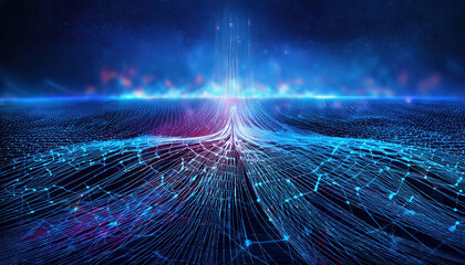 Poster - vibrant 3D illustration of cyber big data flow, showcasing blockchain data fields and network lines, evokes sense of