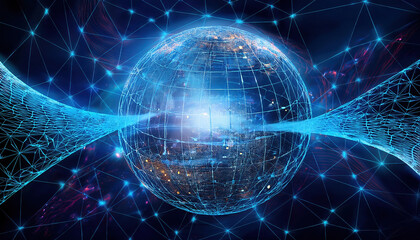 Poster - 3d illustration of global network with blockchain themes, showcasing abstract technology and interco