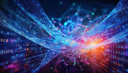 Fototapete - 3d illustration of interconnected data cells with flowing binary code elements
