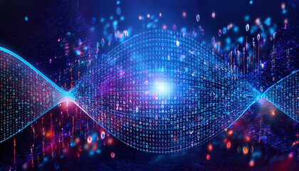 Poster - digital wave of binary code with glowing elements and vibrant colors