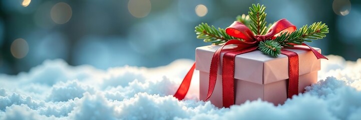 delicate pine sprigs adorn a elegant gift box on snow, festive, ribbon, box