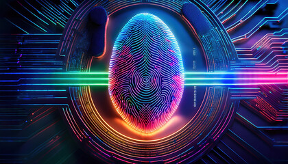 Poster - digital fingerprint on glowing screen with vibrant neon colors and circuit patterns