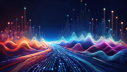 Poster - colorful data visualization with flowing lines and vibrant peaks, representing big data and intercon