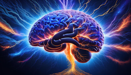 Poster - Digital illustration of human brain showcasing electrical activity and light