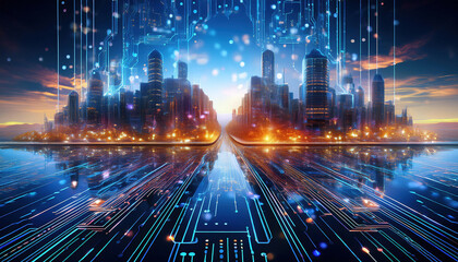 Poster - futuristic city skyline with illuminated circuit board and digital elements