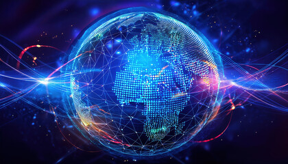 Poster - digital globe with glowing network nodes and swirling data streams