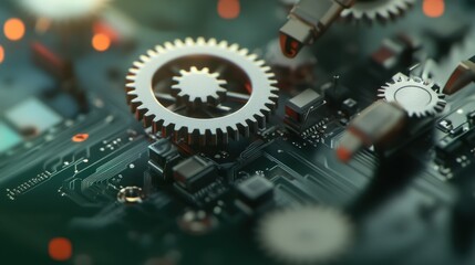 Poster - Close-up of metallic gears on a circuit board, showcasing the intricate relationship between technology and engineering, with vibrant details and a futuristic ambiance.
