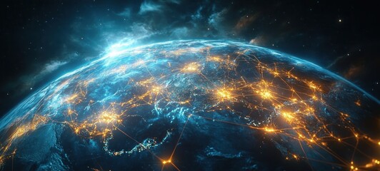 Poster - Earth from Space in Cyberpunk Style Neon Colors Global Network Connectivity for Future Technology and Innovation