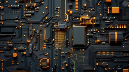Poster - Abstract Close-up of a Modern Circuit Board Design Featuring Intricate Patterns and Vibrant Orange Elements on a Dark Background for Technology-Themed Projects