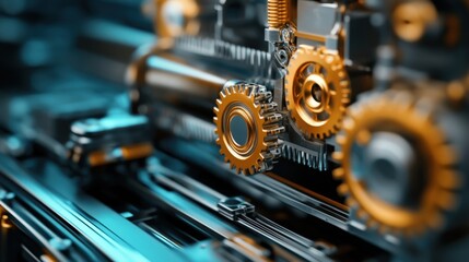 Aufkleber - Close-Up View of Intricate Mechanical Gears with Vibrant Golden Accents Over a Sleek Industrial Background, Perfect for Technology and Engineering Themes