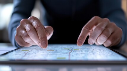 Poster - Hands Interacting with a Digital Map on a Tablet Screen, Showcasing Navigation and Location Technology for Travel and Exploration Activities