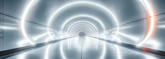 Poster - Futuristic Tunnel Design Meticulous Bright White Lights Polished Floors Minimalist Abstract Space Technology