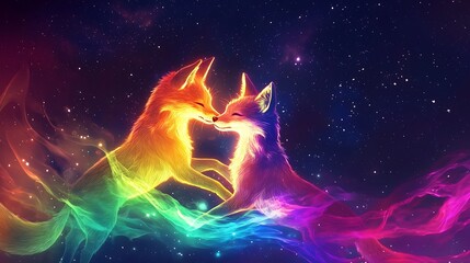 Wall Mural - Two foxes are hugging each other in a colorful, starry background