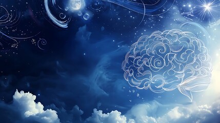 Wall Mural - A blue sky with clouds and a drawing of a brain