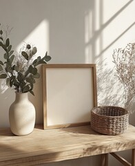 Poster - Minimalist Wooden Table with Blank Frame in Scandinavian Living Room Interior