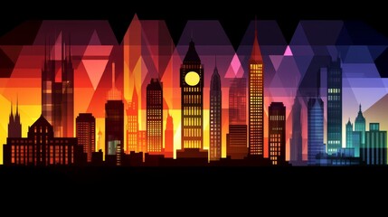 Poster - Cityscape Silhouette at Dusk, Geometric Style