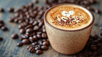 Wall Mural - Beautiful latte art in a cozy coffee shop setting with scattered coffee beans in the background