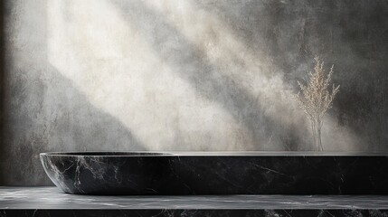 Leinwandbilder - Minimalist Product Presentation Studio with Polished Black Marble Table Against Dark Concrete Wall