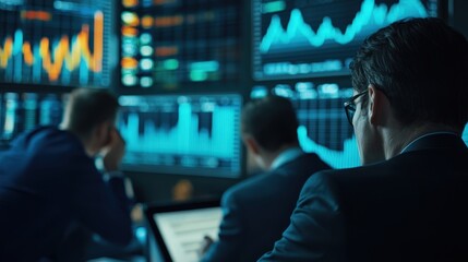 Poster - investment analysts analyzing a report on global market trends