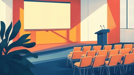 Poster - A training room setup with rows of chairs, a podium, and a large screen for presentations or workshops