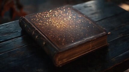 Poster - Mystical Book on Wooden Surface with Sparkling Particles on Cover, Close up View
