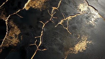Poster - Captivating exploration of golden cracks on a dark surface revealing intricate textures and patterns in a mysterious setting. Generative AI