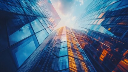 Poster - Skyscrapers with glass facades viewed from a low angle, reflecting sky and light