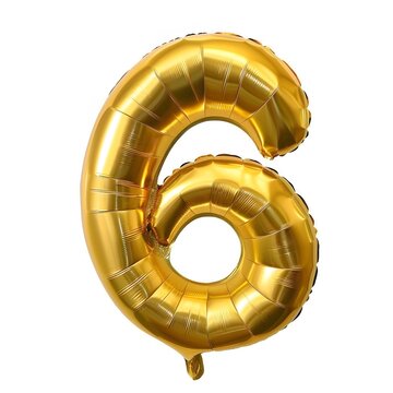 A gold foil number SIX 6 balloon fills the frame isolated on white background 