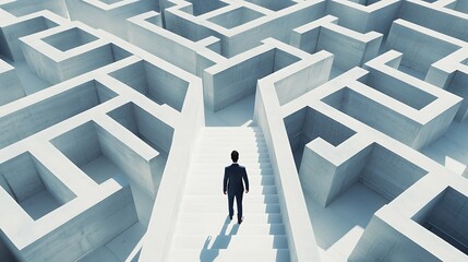 A man is walking up a set of stairs in a maze