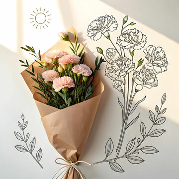 elegant modern carnation flowers outline bouquet w