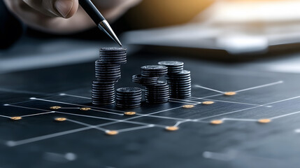 Poster - Stacks of coins on a graph with a hand holding a pen