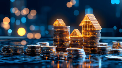 Aufkleber - Digital houses built from coins symbolize real estate investment