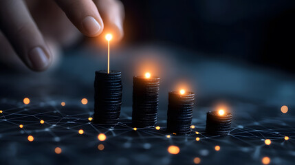 Poster - Hand placing lit candle on stacked dark cylinders in a dark setting