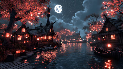 Poster - Serene village by a moonlit river with glowing lanterns and trees