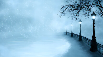 Poster - Misty walkway with lamp posts in a tranquil winter scene