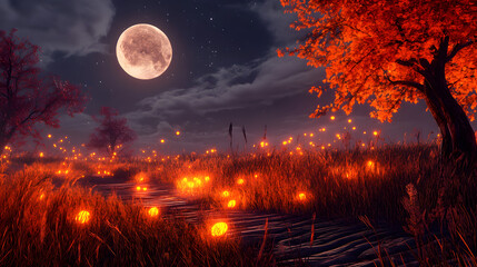 Poster - Moonlit landscape with orange foliage and glowing orbs