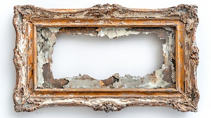 Old ornate frame with peeling paint, isolated on white, for antique or vintage use