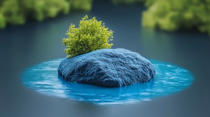 Wall Mural - Green tree atop rock in blue water with blurred trees as background, for nature poster