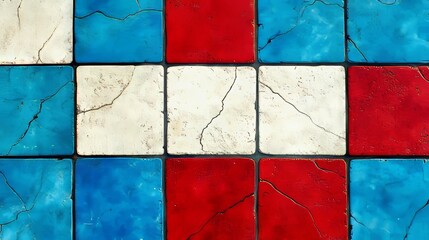 Poster - Cracked Red White Blue Square Tile Floor Pattern